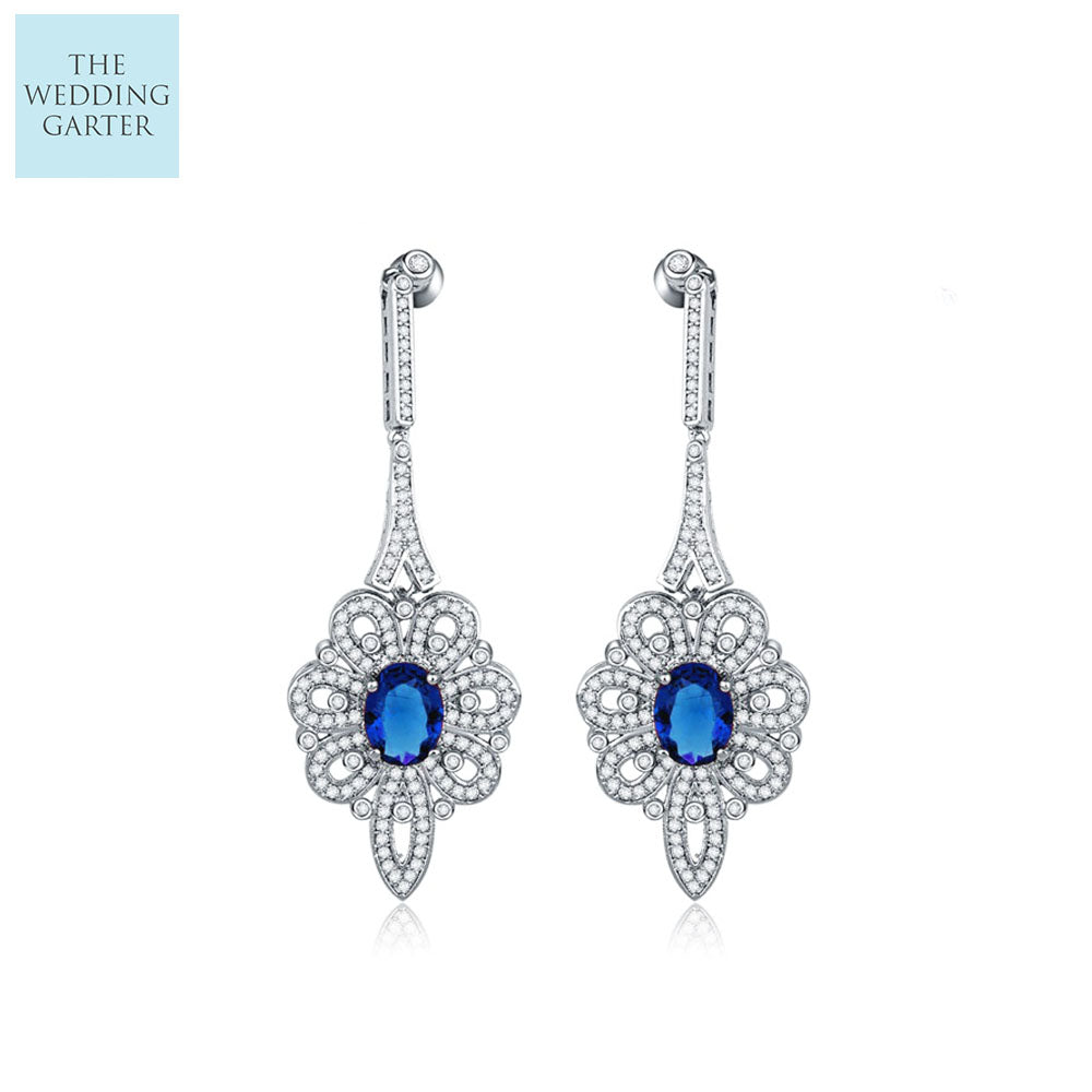 Sapphire Blue CZ Diamond Vintage Style Long Drop Earrings