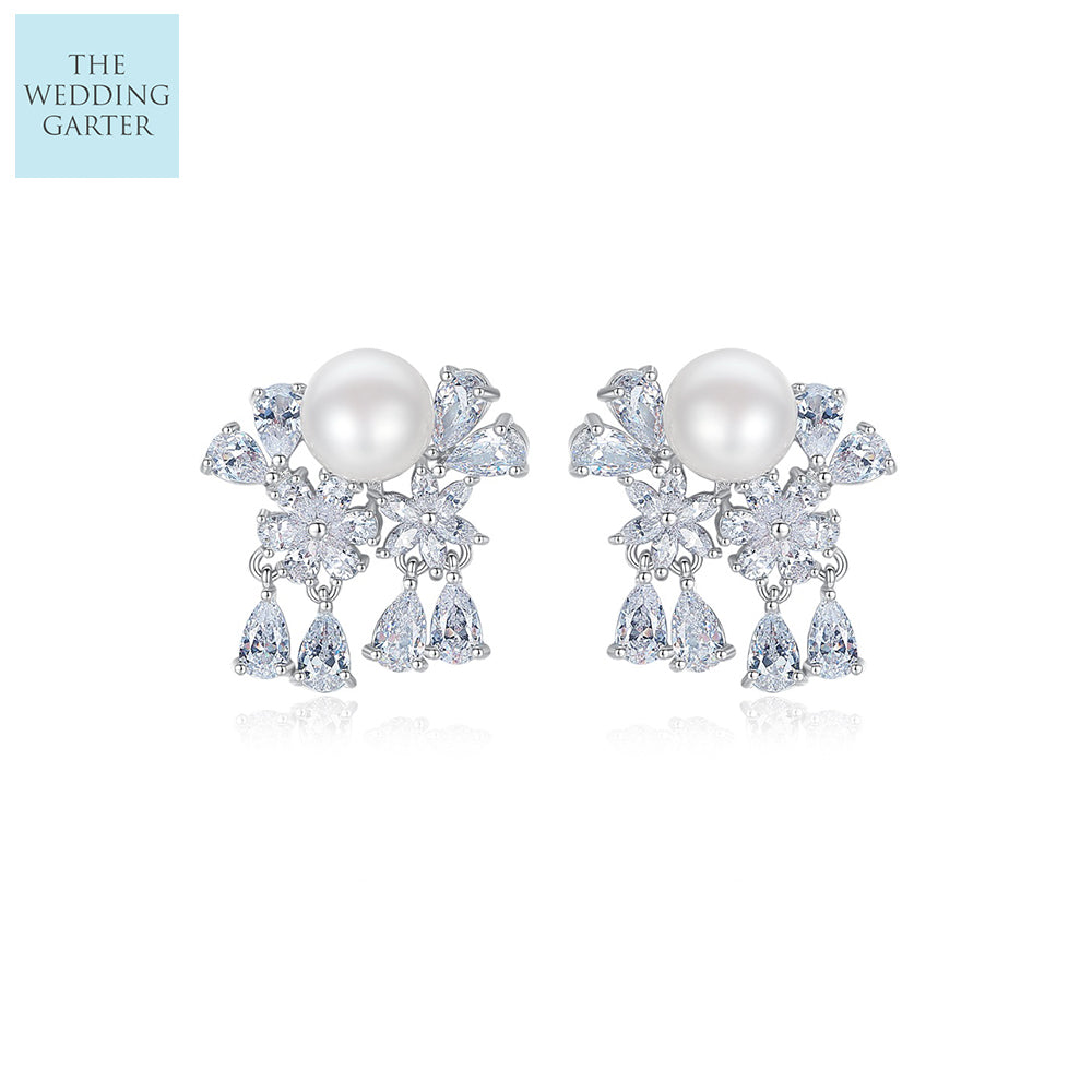 Unique Pearl & CZ Diamond Drop Wedding Earrings