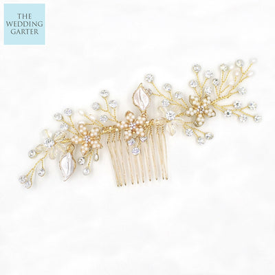 Handcrafted Crystal & Pearl Gold Bridal Hair Vine Comb