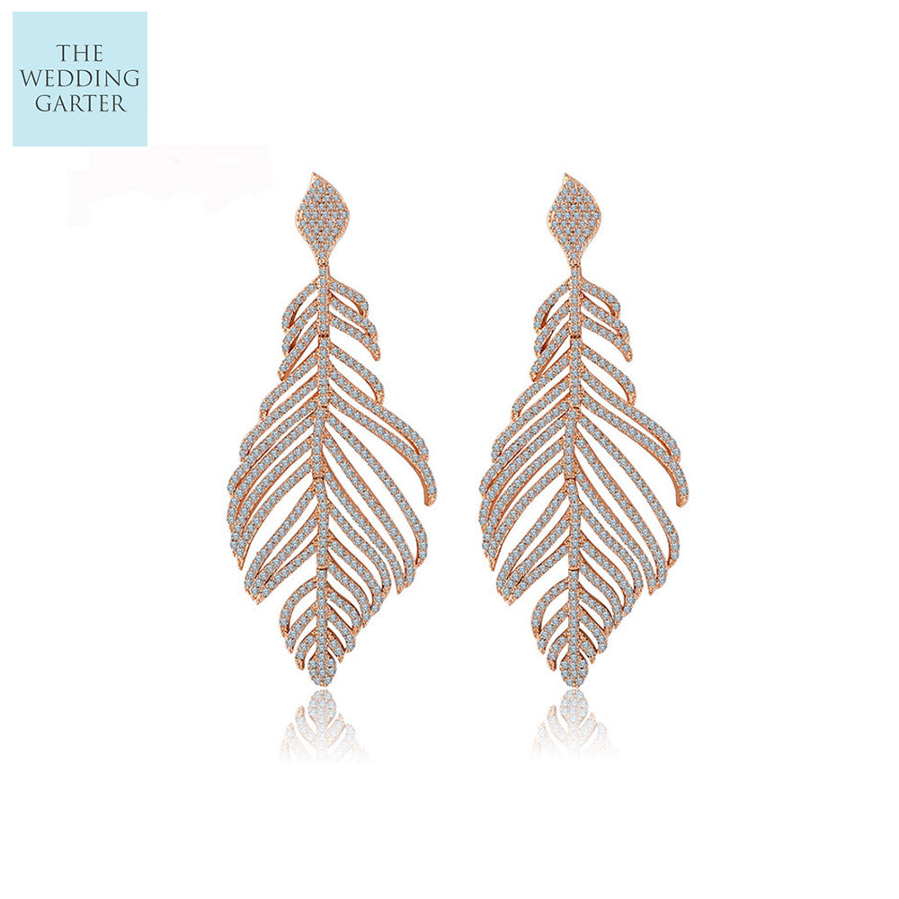diamond feather earrings gold for wedding