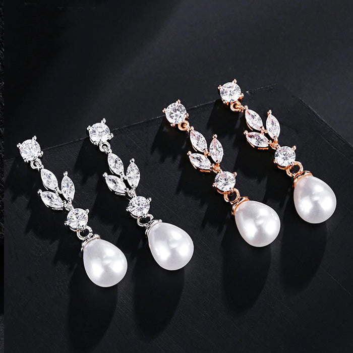 Delicate White Pearl & CZ Silver Drop Earrings
