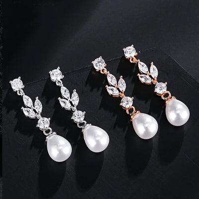 Rose Gold Pearl & CZ Earrings For Brides