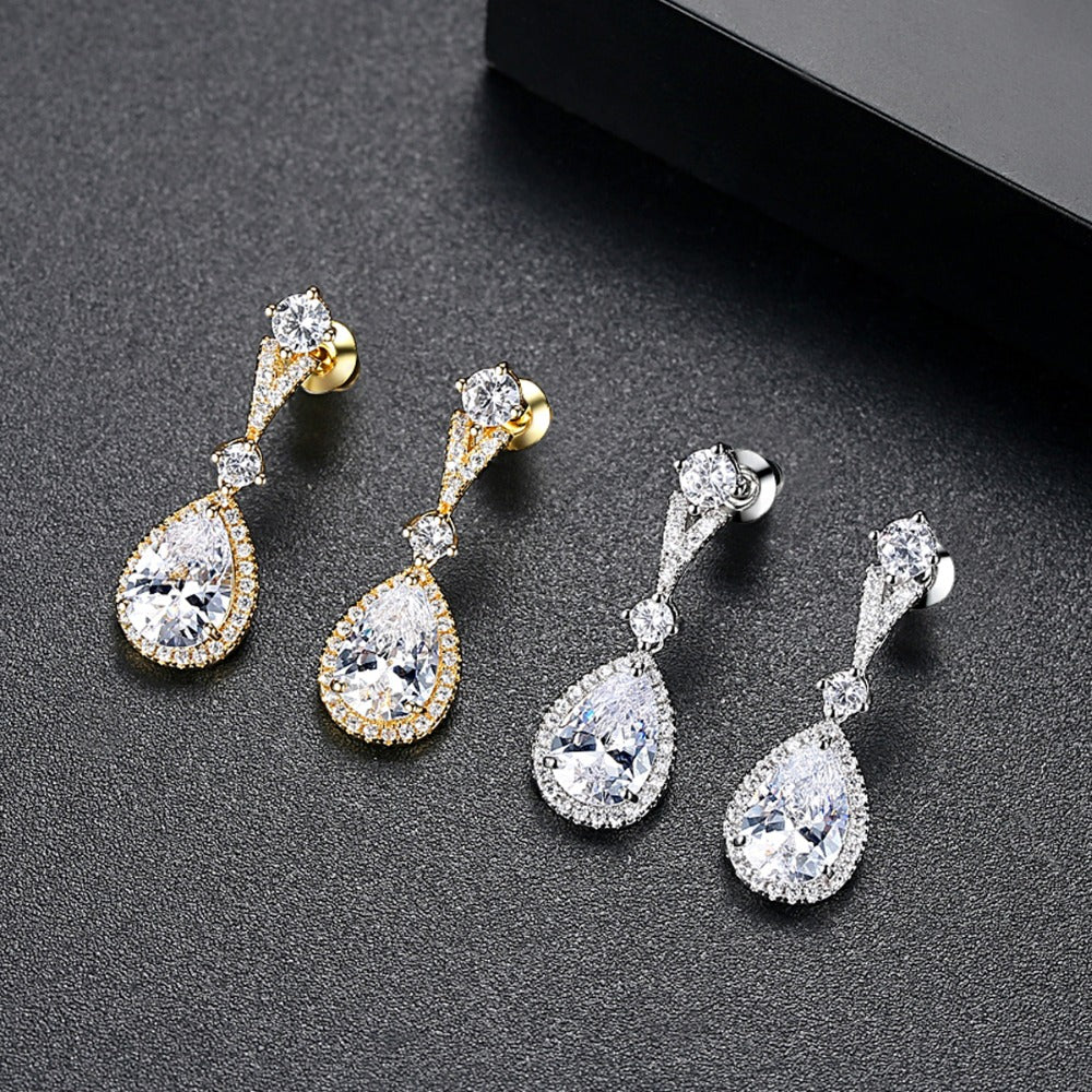 Delicate CZ Silver Wedding Dropper Earrings