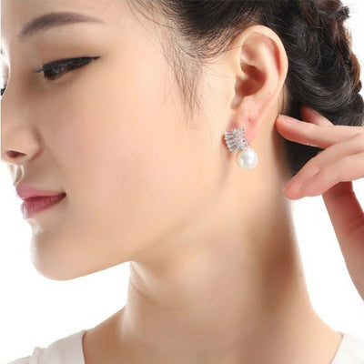 Delicate Ladies Pearl & Cubic Zirconia Stud Bridal Earrings