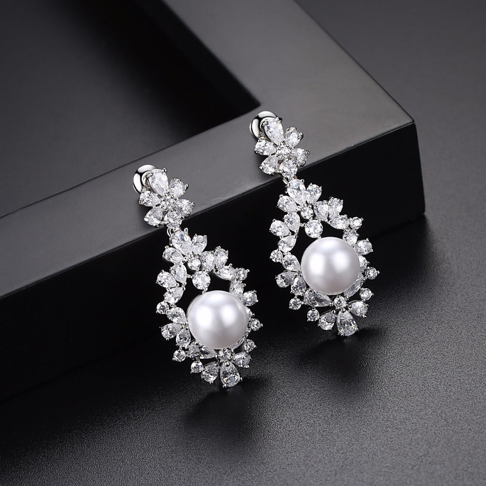 Luxury CZ Diamond & White Pearl Drop Bridal Earrings