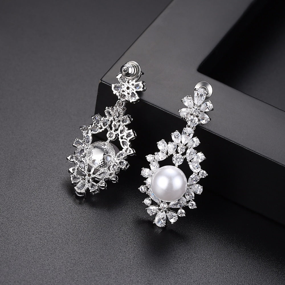 Luxury CZ Diamond & White Pearl Drop Bridal Earrings