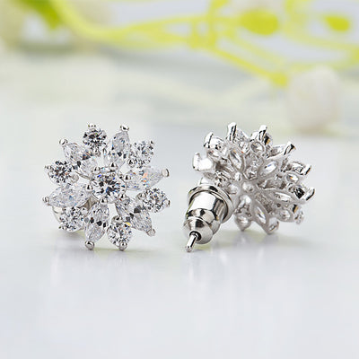 Cubic Zirconia Diamond Flower Silver Stud Earrings For Bridesmaid