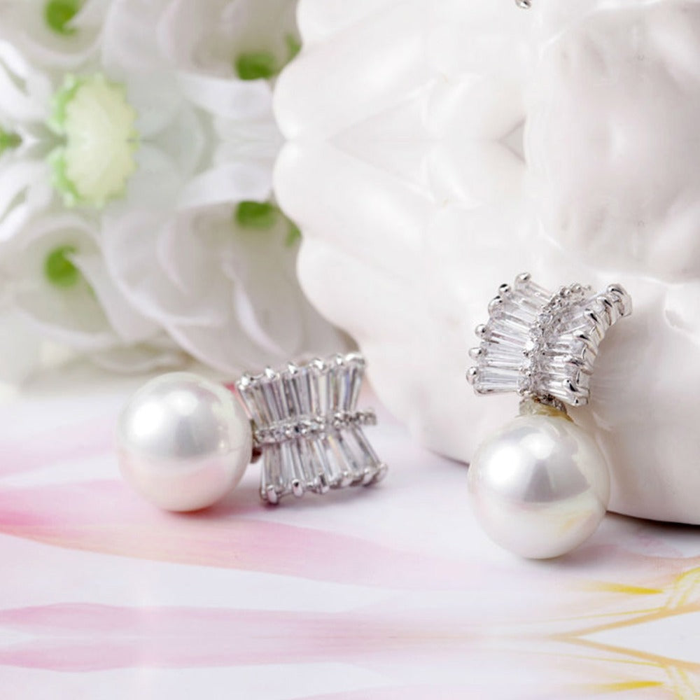 Delicate Ladies Pearl & Cubic Zirconia Stud Bridal Earrings