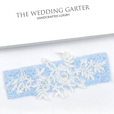 Tilly Blue Stretch Lace Bridal Garter With Ivory Applique