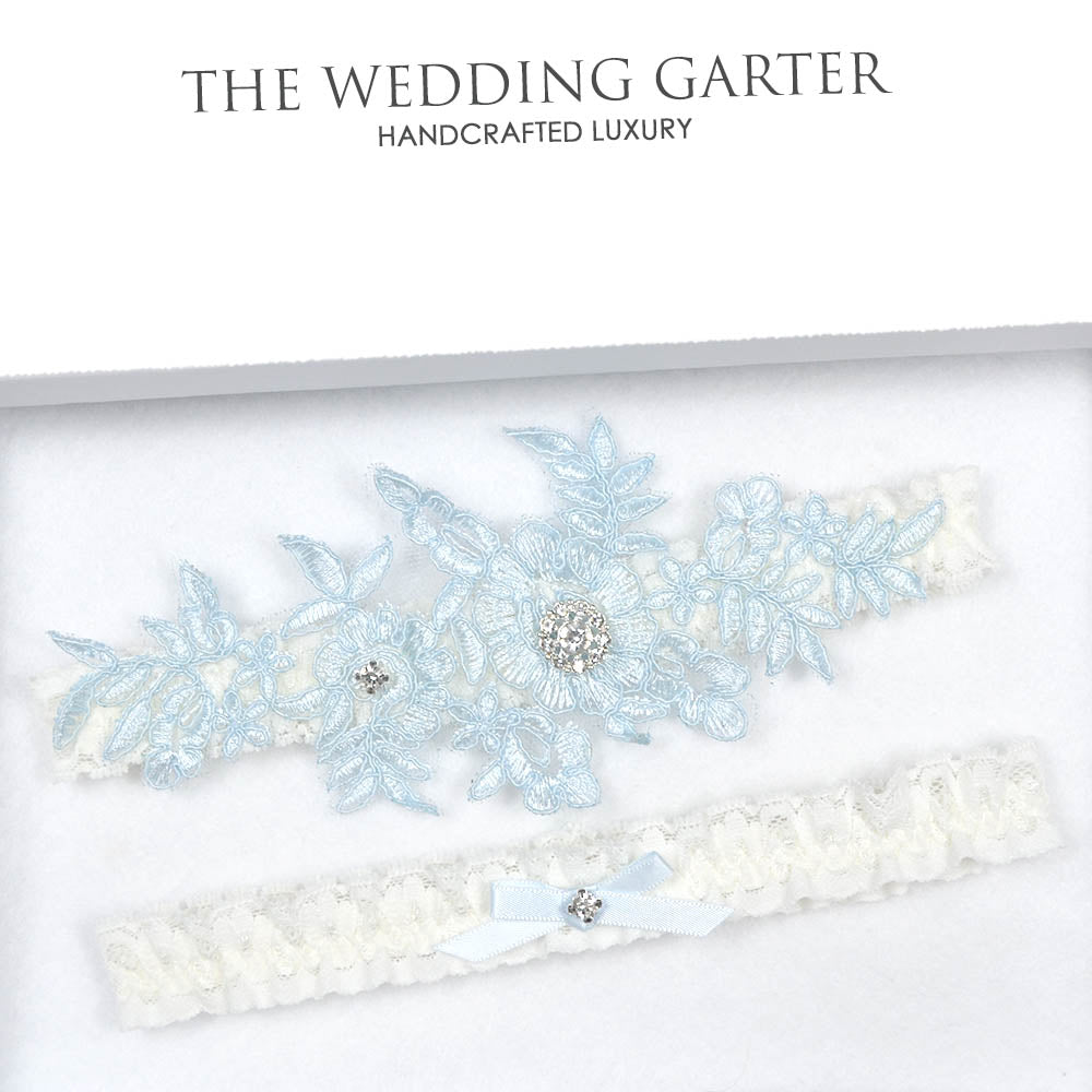 blue and ivory wedding garter