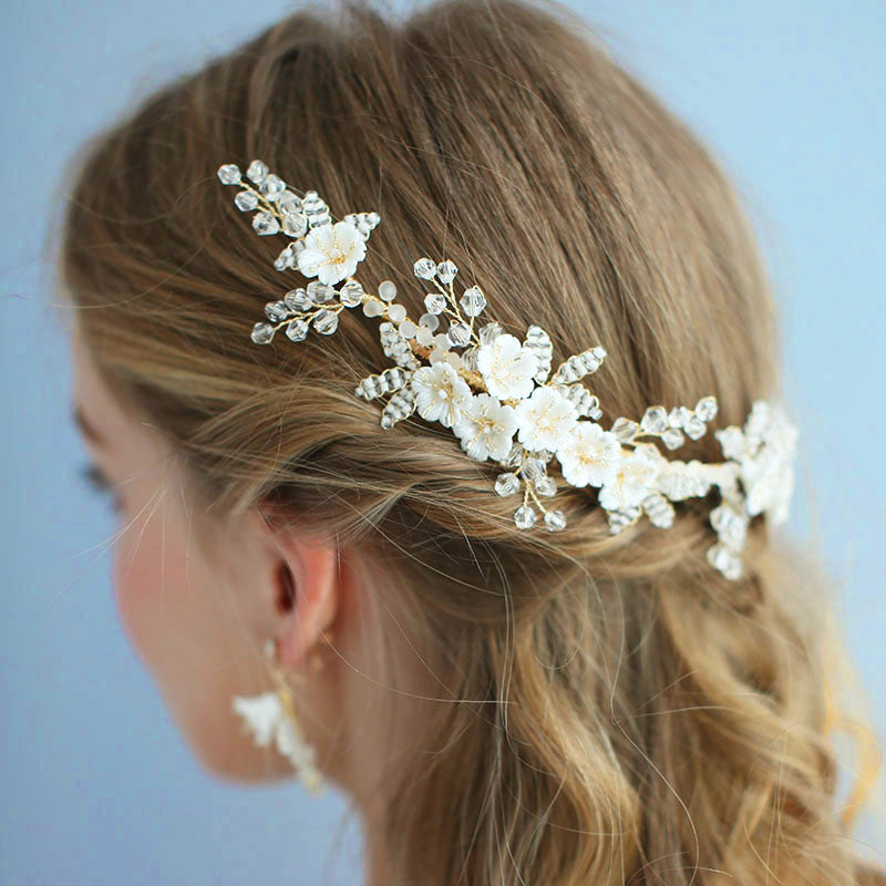 Ivory Floral Headpiece With Crystals In Gold