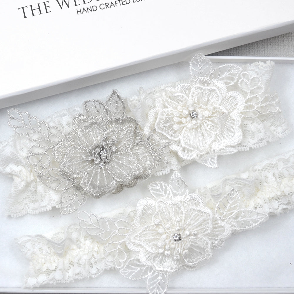 Lila Silver & Ivory Lace Wedding Garter Set