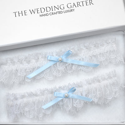 Melissa White & Blue Lace Bridal Garter Set For Wedding