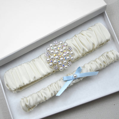 Emily Satin & Pearl Wedding Garter Set (Available in 10 Colours)