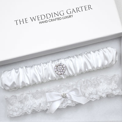 Abby White Satin & Lace Wedding Garter Set