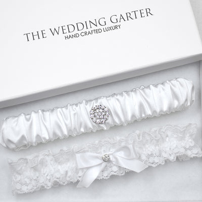 Abby White Satin & Lace Wedding Garter Set