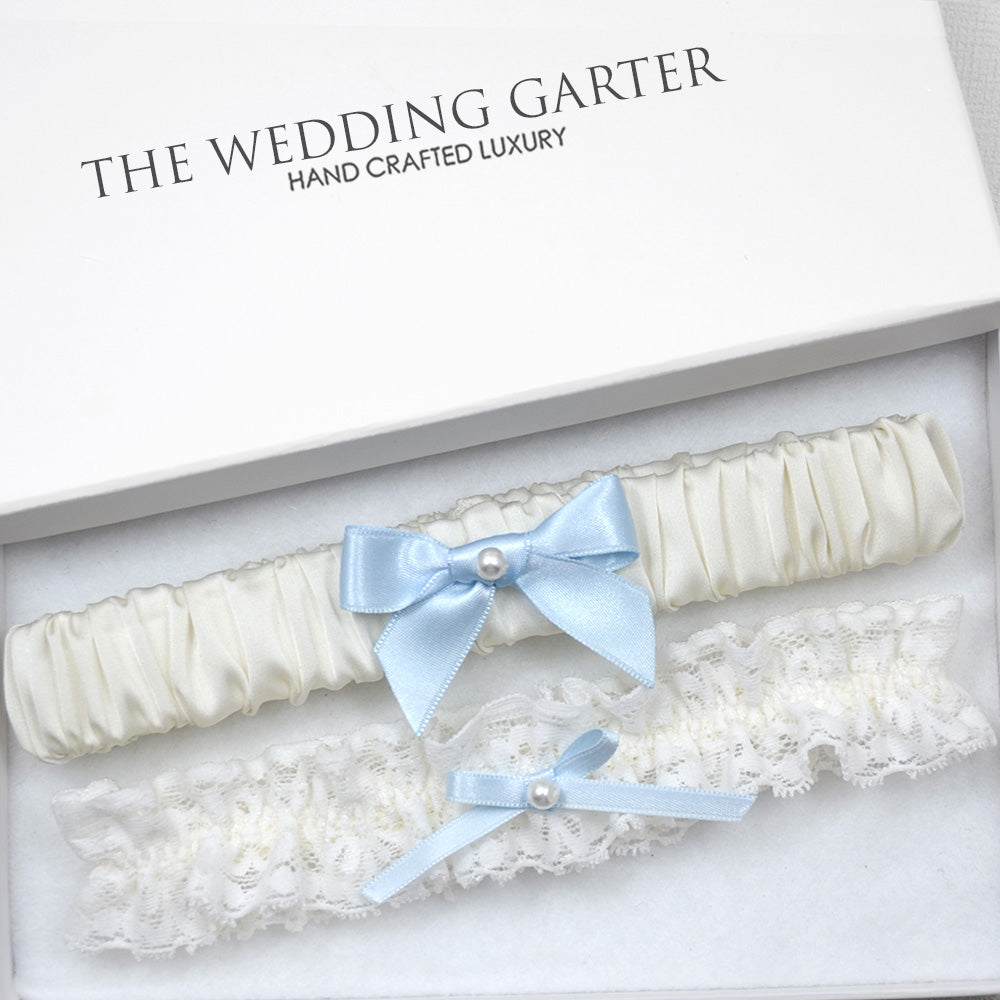 cream & blue wedding garter set