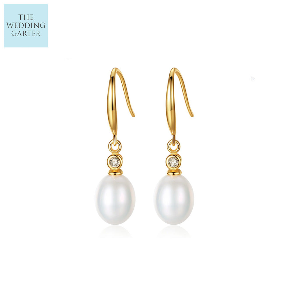Simple Tahitian White Pearl Gold Drop Wedding Earrings