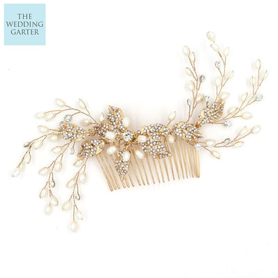 Pearl & Crystal Gold Floral Bridal Headpiece Comb