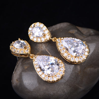 Classic Womens CZ Diamond Gold Drop Earrings