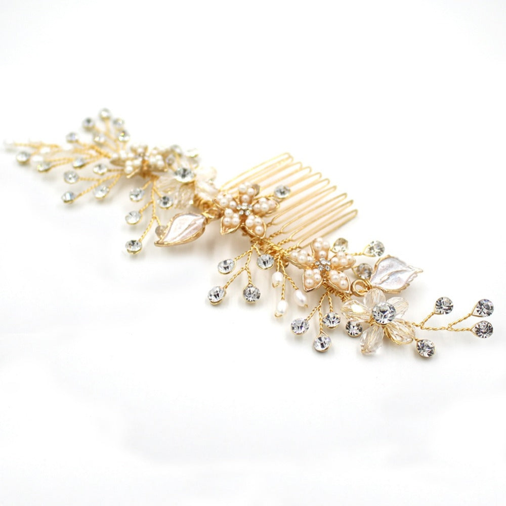 Handcrafted Crystal & Pearl Gold Bridal Hair Vine Comb