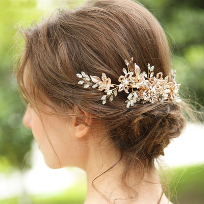 Luxury Blush Gold Leaf & Pearl Brides Headpiece