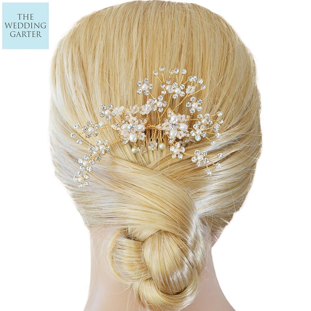 Gold Vine Pearl & Rhinestone Floral Hair Jewellery For Wedding