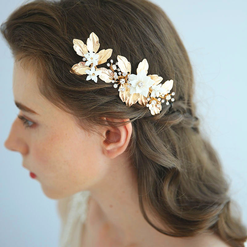 Gold Leaf & Ivory Floral Bridal Hair Clip