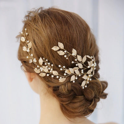 Delicate Gold Leaf Hair Vine With Pearls