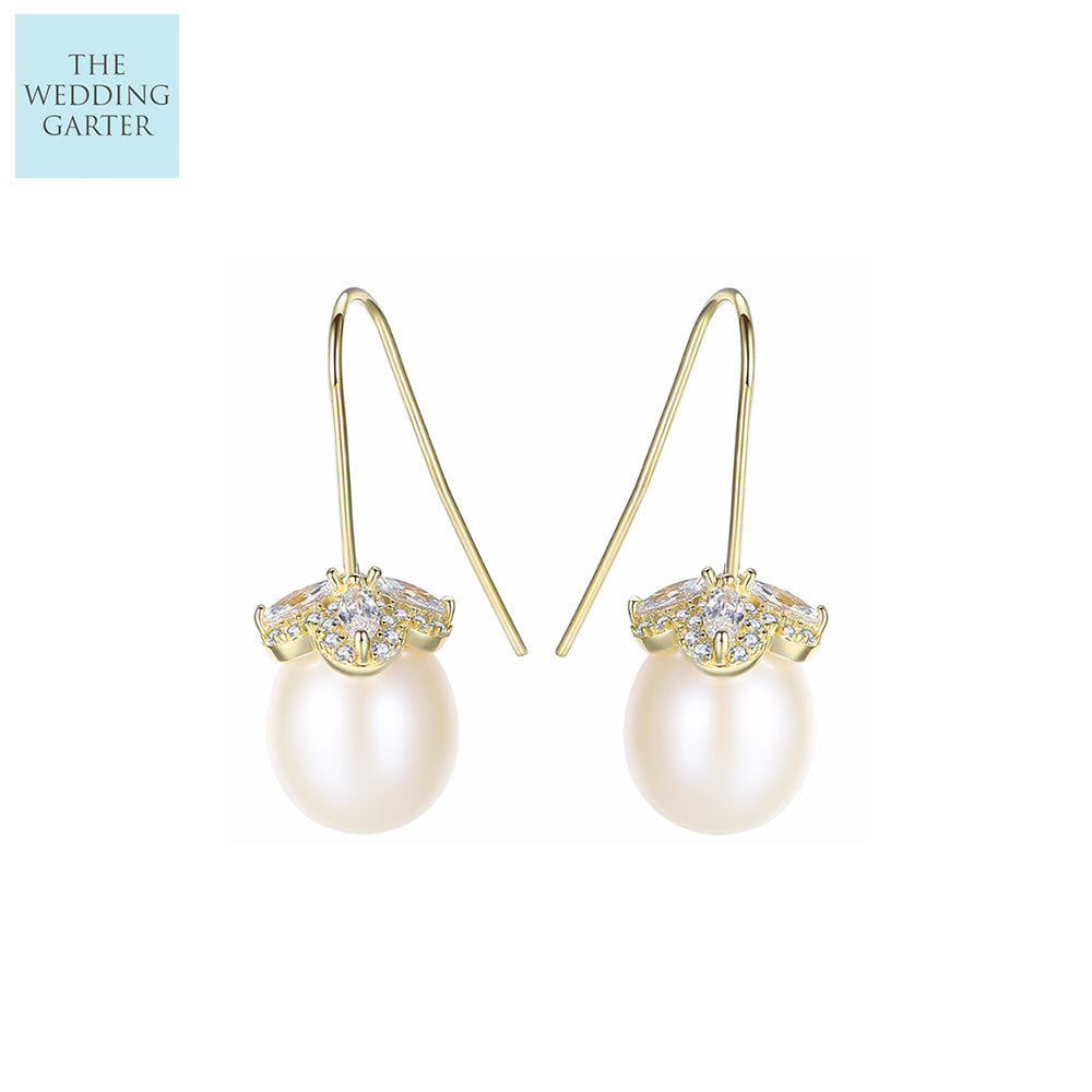 Romantic Gold & Pale Peach Natural Pearl Drop Earrings