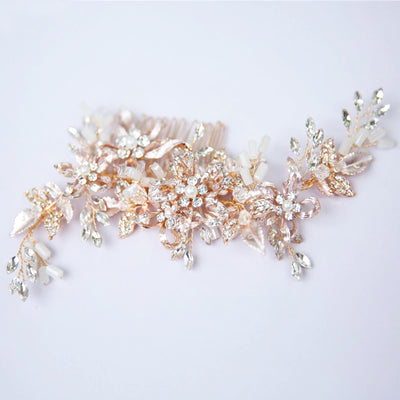 Luxury Blush Gold Leaf & Pearl Brides Headpiece