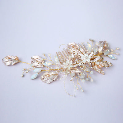 Gold Handpainted Bridal Hair Comb With Pearls