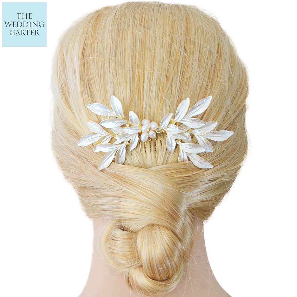 Real Pearl & Gold Leaf Handpainted Floral Bridal Headpiece