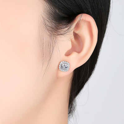 Luxury Sterling Silver 2 Carat CZ Diamond Square Halo Earrings