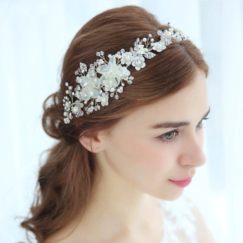 Organza Floral Ivory Pearl & Crystal Bridal Crown