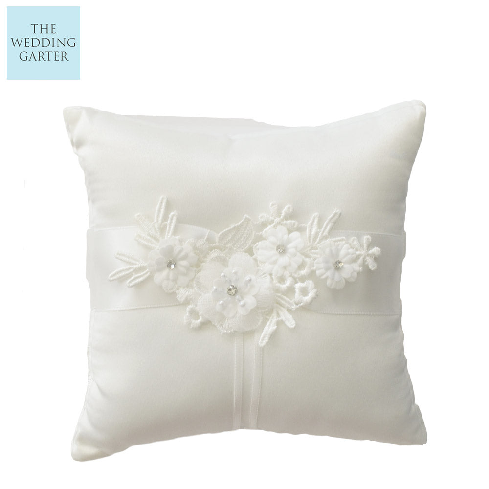 Floral Ivory Lace Applique & Satin Ring Bearer Pillow