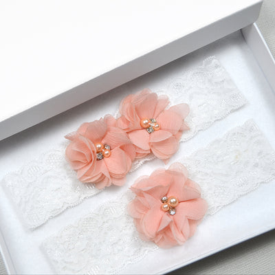 Fleur Ivory Lace & Peach Floral Wedding Garter Set