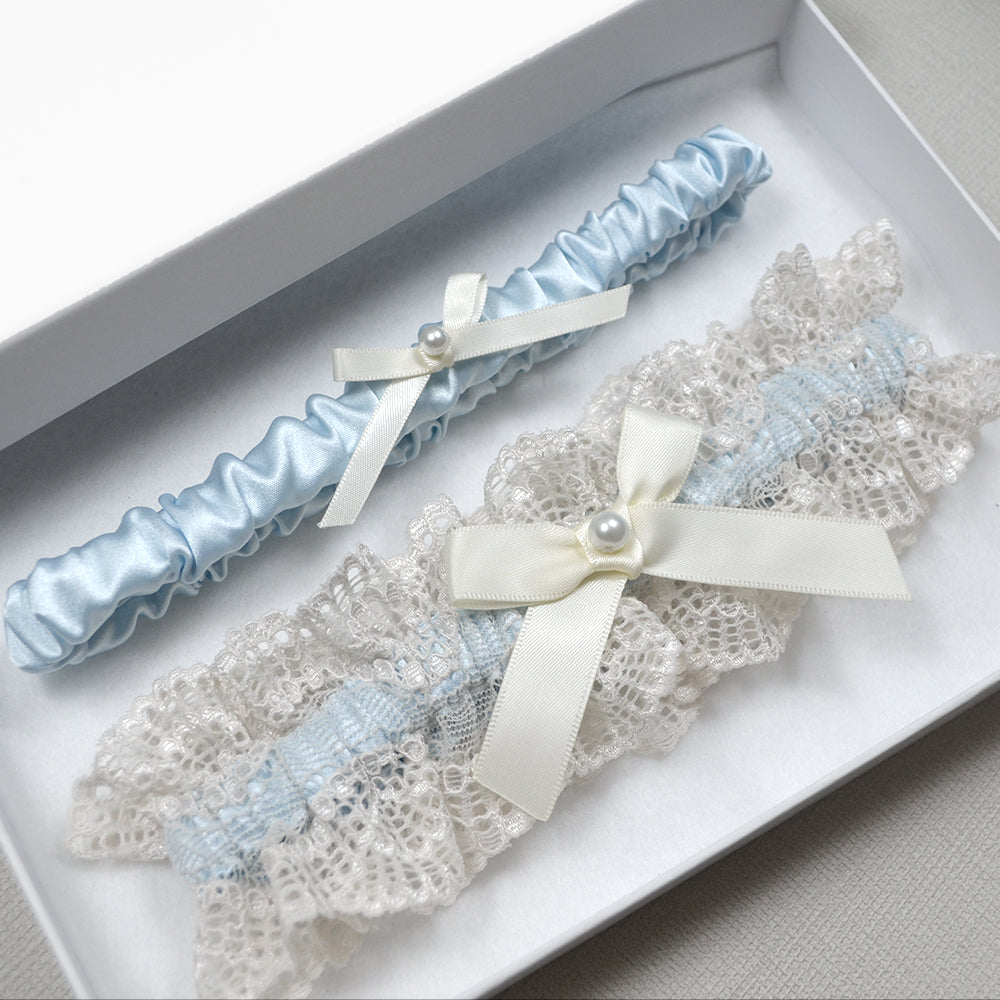 Lila Nude Lace Blue Bridal Garter Set For Something Blue