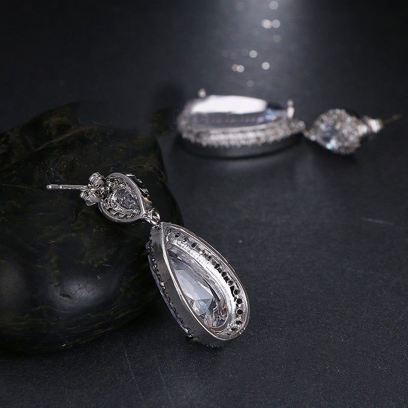 Long Teardrop Cubic Zirconia Diamond Bridal Earrings