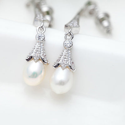 Delicate Long Drop Pearl & CZ Earrings For Wedding