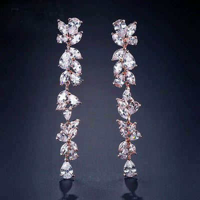 Floral Design Long Cubic Zirconia Dropper Earrings