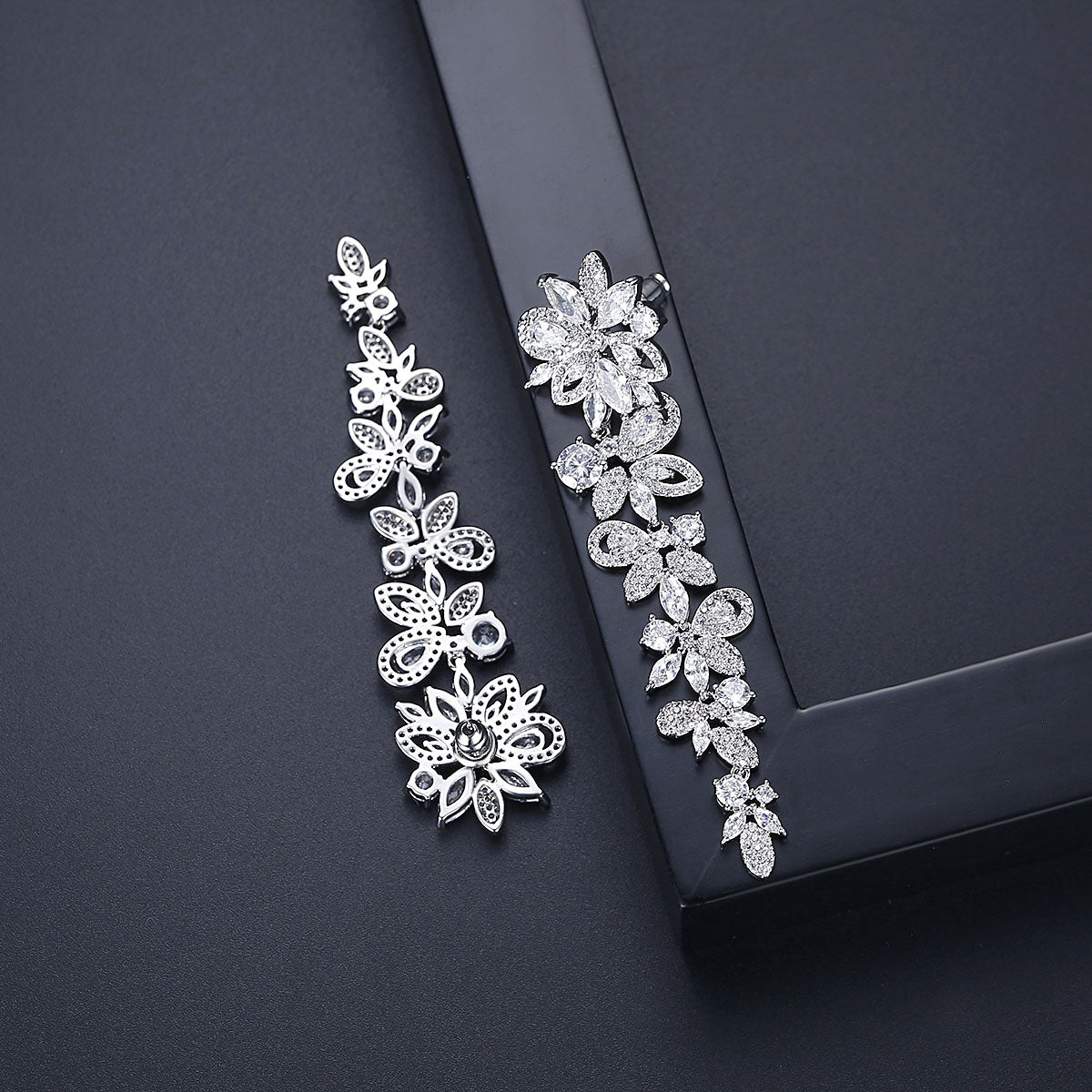 Delicate Long Floral Crystal Wedding Earrings