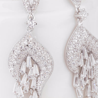 Stunning CZ Diamond Long Dangle Bridal Earrings