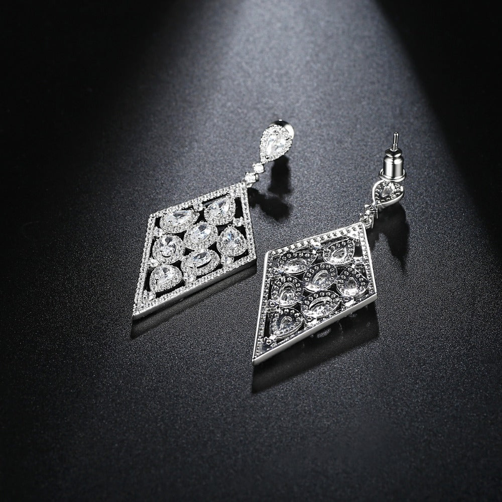 Luxury CZ Drop Bridal Earrings In Geometric Style