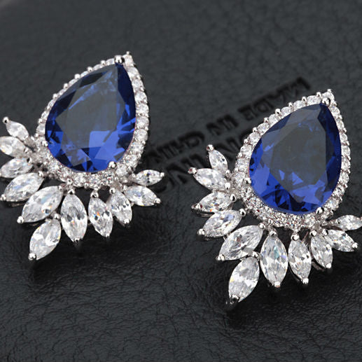 Sapphire Blue Cubic Zirconia Vintage Wedding Earrings