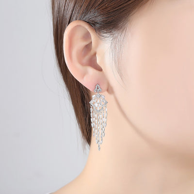 Fancy Long CZ Diamond Tassel Drop Earrings