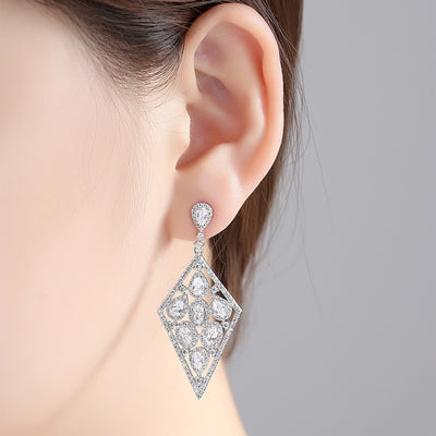 Luxury CZ Drop Bridal Earrings In Geometric Style