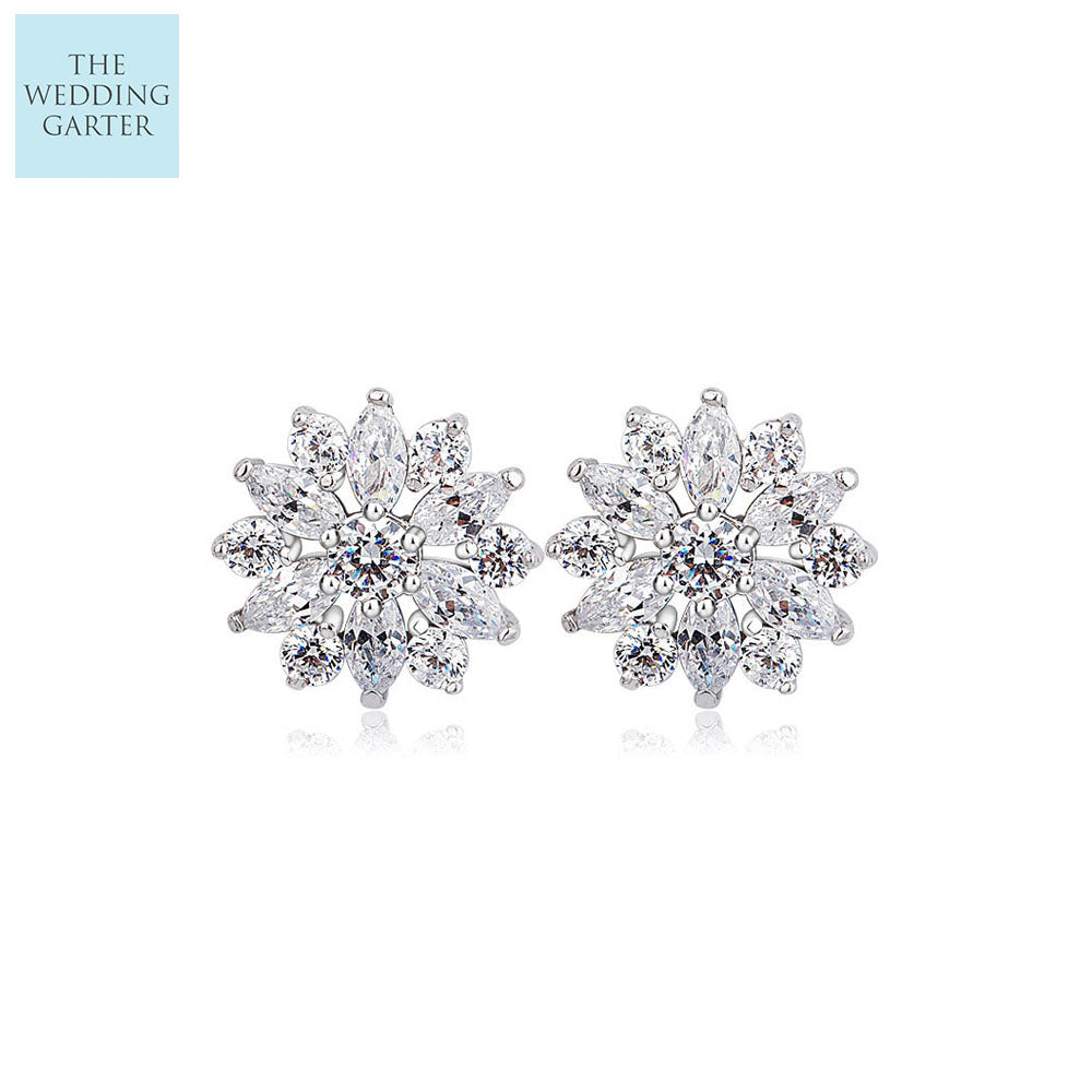 silver cubic zirconia flower earrings