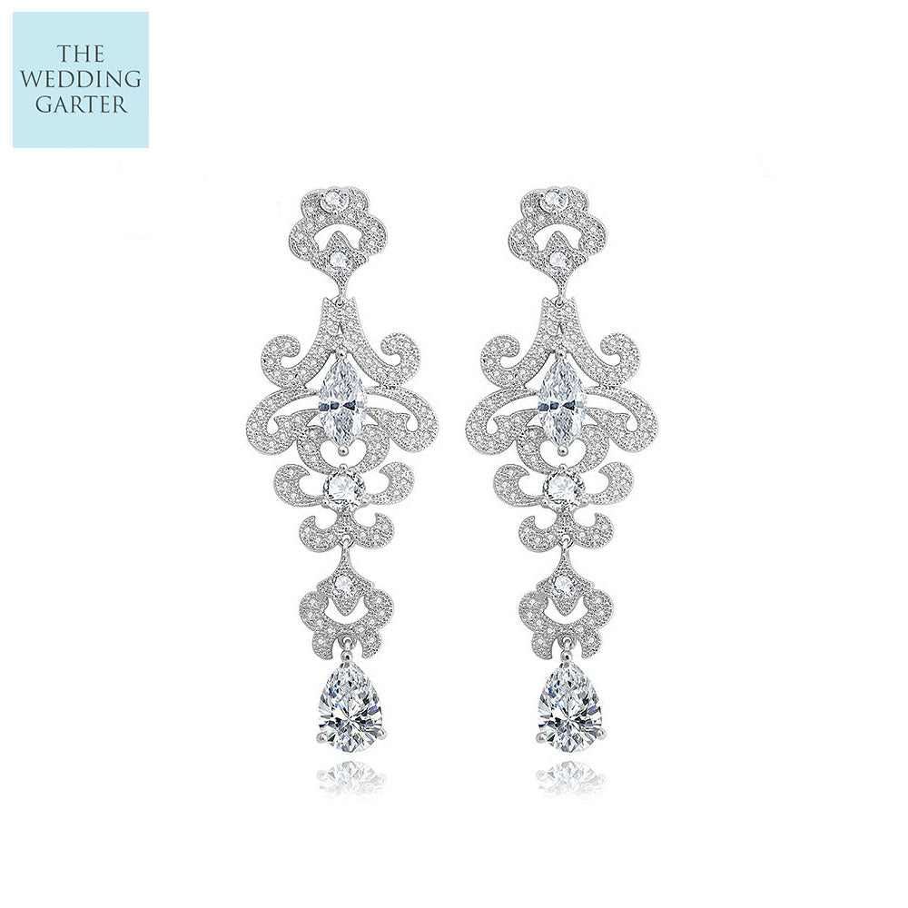 cz diamond long drop chandelier earrings