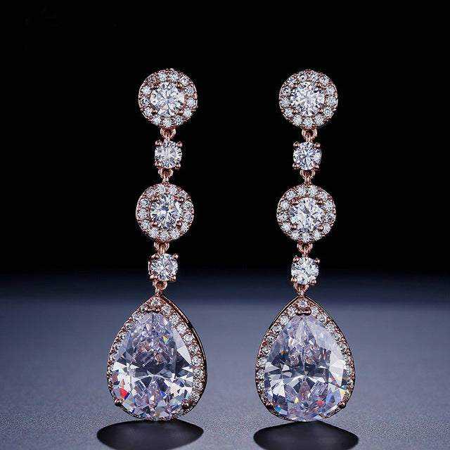Rose Gold Long Dropper CZ Crystal Bridal Earrings